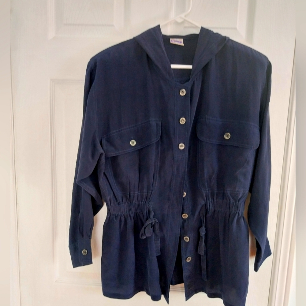 Vintage 100 ％ Silk Navy Blue Women Top  With Hoodie